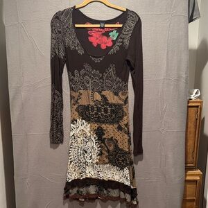 Desigual Black and Brown Long Sleeve Dress